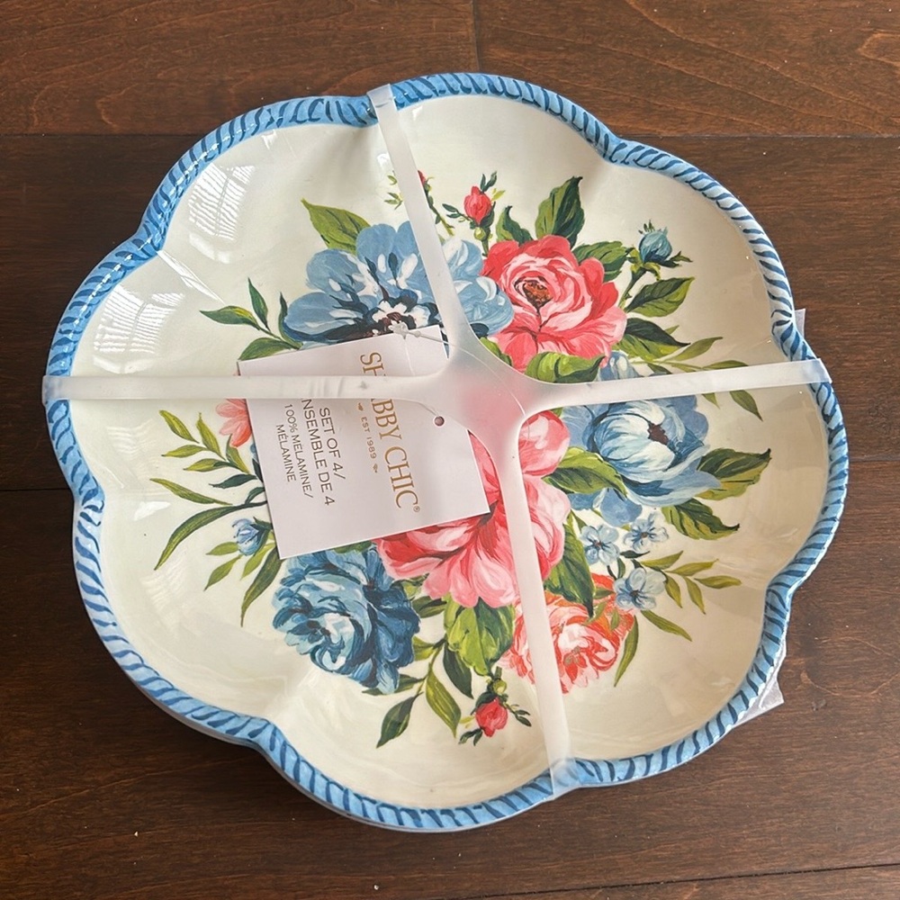 Shabby Chic 4 Salad Plates New Floral Scalloped Melamine